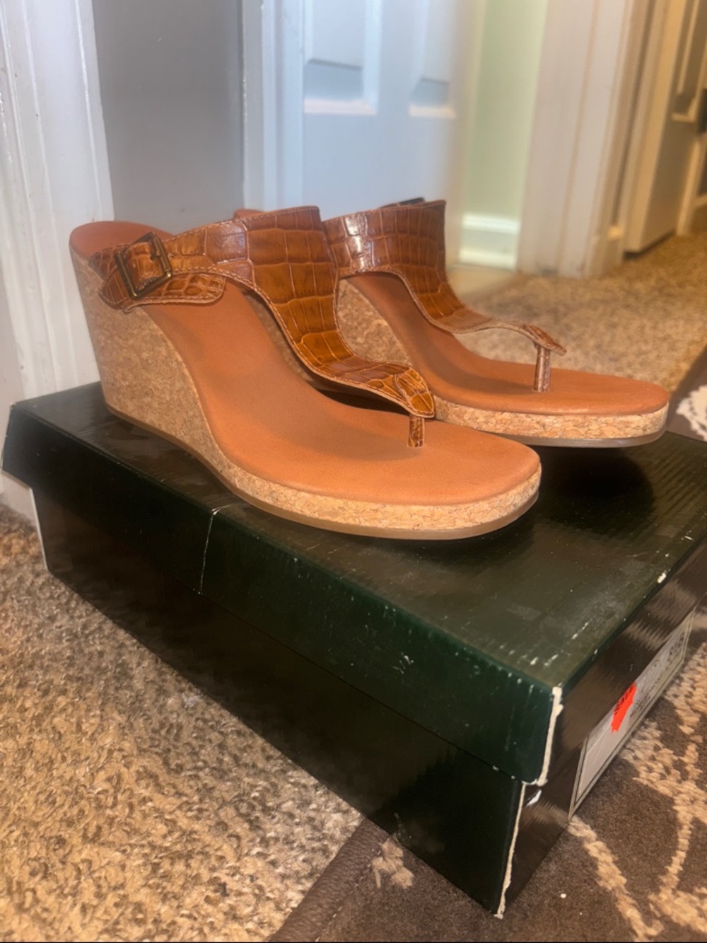 Ralph Lauren Tan Croc-Embossed Cork Wedge Thongs